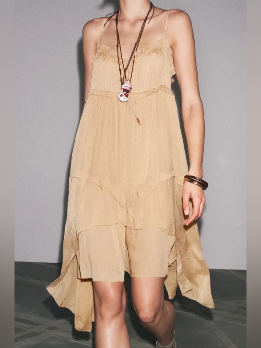 ZARA ZW Asymmetrical Tiered Slip Dress w Ruffles & Beading. M NWT